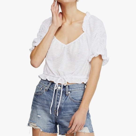 Free People Dorothy Short Sleeve Puff Sleeve Ruffled Tie Front Crop Top Size S - Picture 1 of 7